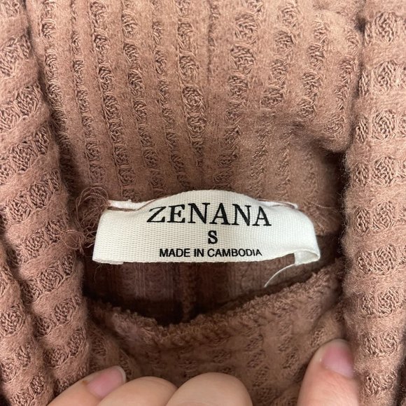 Zenana Thermal Waffle Knit Cowl Neck Hi-Low Tunic Oversized Sweater Cocoa Rayon - Picture 12 of 16